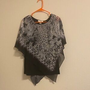 CJ Banks Black and Gray Floral Animal Print Overlay Blouse